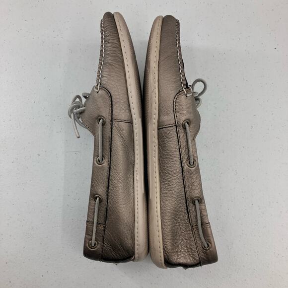 L.L. Bean Silver Gray Metallic Leather Slip On Lace Up 2 Eye Boat Shoe Loafer - Picture 5 of 11